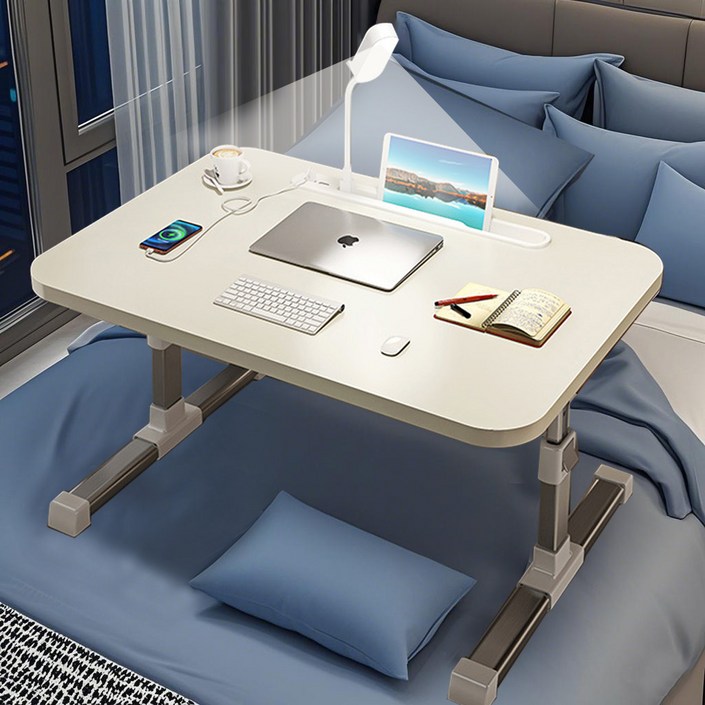 (한정 재고정리)업그레이드버전 접이식 침대 테이블 좌석테이블 노트북책상 침실테이블 거실테이블 높이조절 각도조절 +USB 포트+ 램프 접이식 테이블 높이조절 테이블 리프트업 테이블