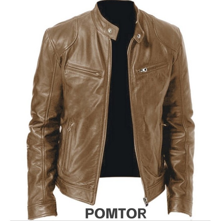 POMTOR 남성용 대형 사이즈9xl 지퍼 가죽 재킷 슬림핏 가죽 재킷 스탠드 칼라 가죽 재킷