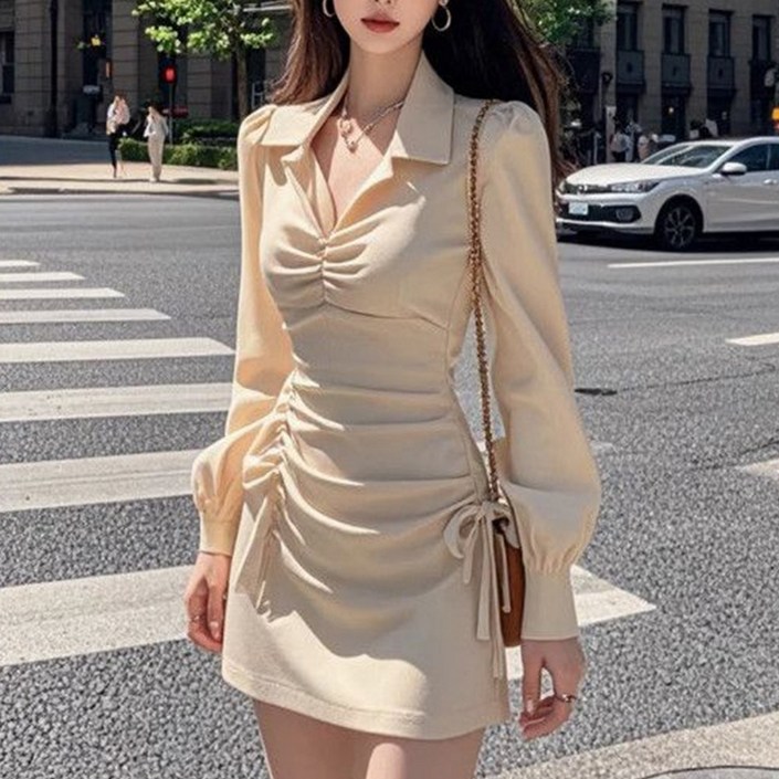 besteffie 스타일리쉬 여성 옆단스트링 디자인 리본 셔링 디자인드레스 카라넥 긴팔 미니 원피스 K18