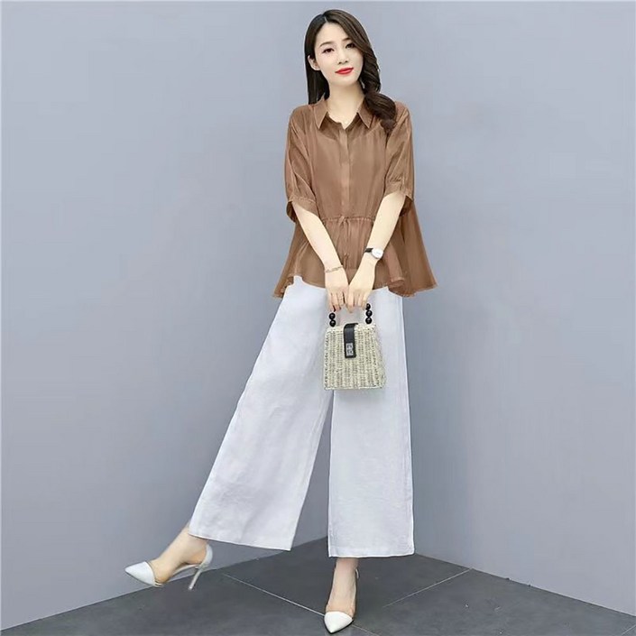 지고다그 여성 봄여름 빅사이즈 린넨 셔츠 와이드 팬츠 투피스 세트  슬림핏 캐주얼룩 SX70182