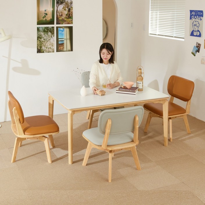 헤닝 오트밀 세라믹 4인 낮은식탁 세트 1400 회전의자4