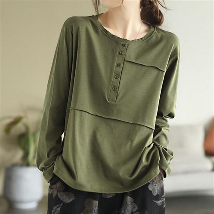 Vezri 여성용 봄 신상 빈티지 중년 엄마 일상룩 루즈핏 심플한 긴팔 티셔츠 SYX222