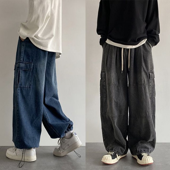 [당일발송] 남녀공용 핀턱 리얼 와이드 벌룬 카고 데님 밑단 스트링 청바지  (2COLOR / M-2XL)
