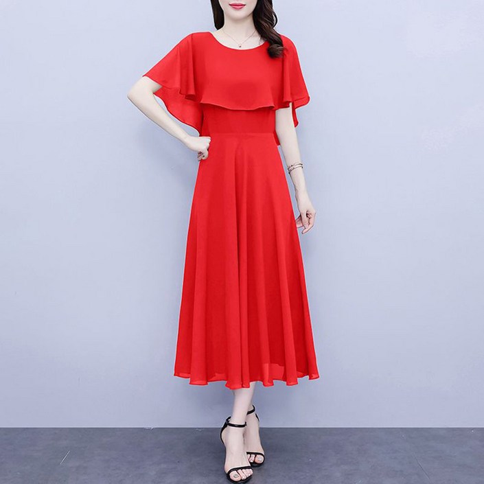 ROYALBELLE 여성 허리 조임 쉬폰 롱 원피스 라운드넥 단색 반팔 A라인 플레어 원피스 V042114