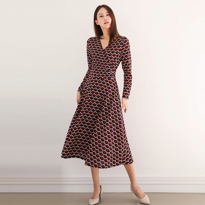 프롬코 여성 긴팔 랩스타일 옆셔링 롱 원피스 FRC122