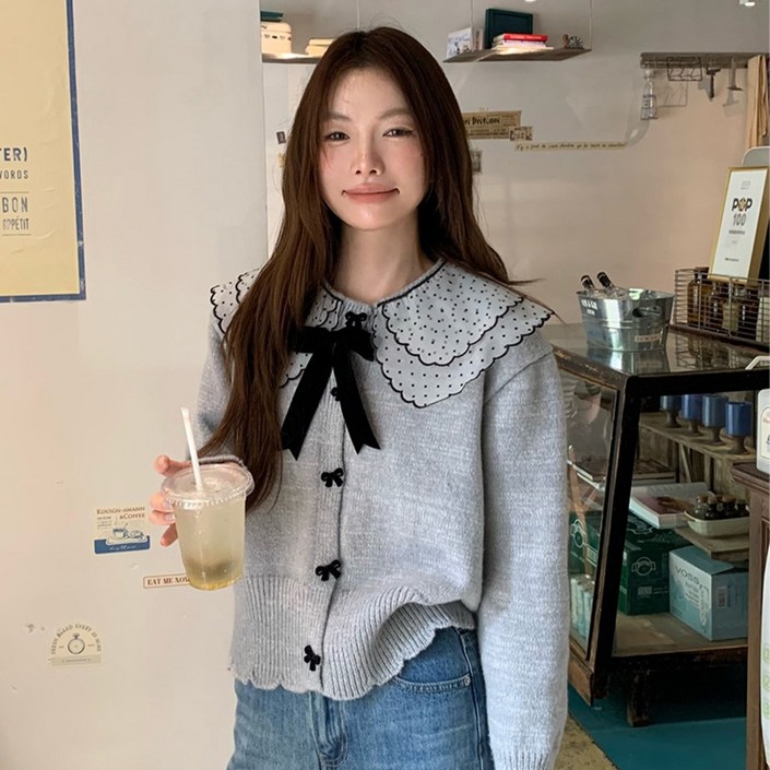 치유쿠 여성 가을겨울 인형 칼라 리본 레이스 니트 가디건