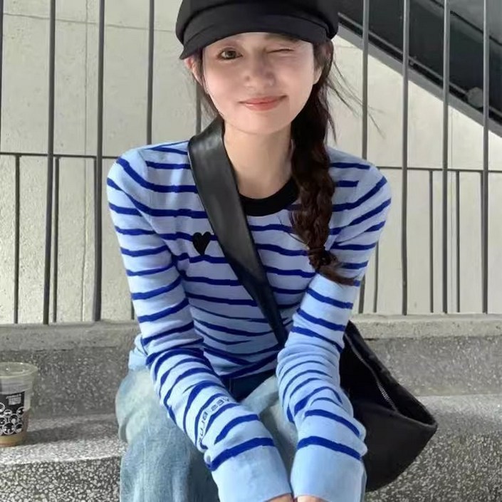 COSYEVNO 여성용 스트라이프 라운드넥 니트 티셔츠 긴팔 캐주얼 BCXtx8