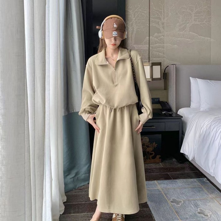 SAHINER 봄가을 여성 데일리 반집업 스웨트 투피스 하이웨이스트 롱스커트 세트 LBTZ02