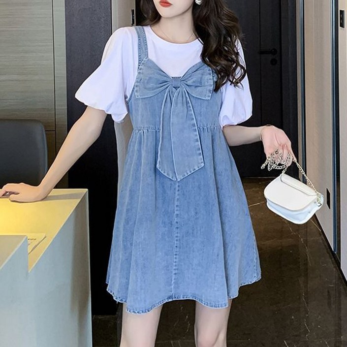 besteffie 여성 청치마 여름 데님 멜빵 원피스 리본 장식 캐주얼 패션 빅사이즈멜빵원피스 K71