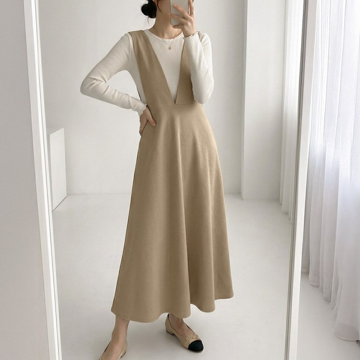 데일리앤 레딘 딥 브이넥 멜빵 플레어 뷔스티에 롱 원피스 봄 하객룩