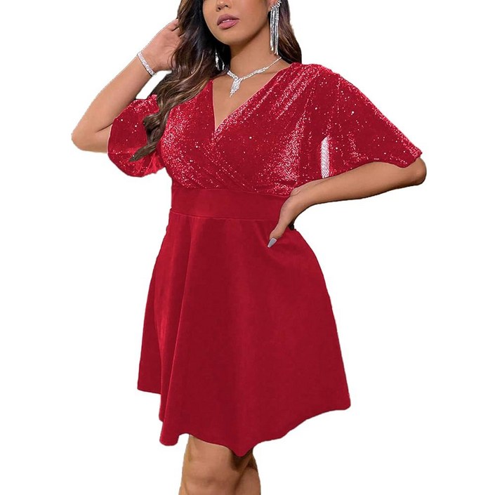 우먼스 플러스 사이즈 글리터 랩 브이넥 반팔 파티 라인 드레스 연말