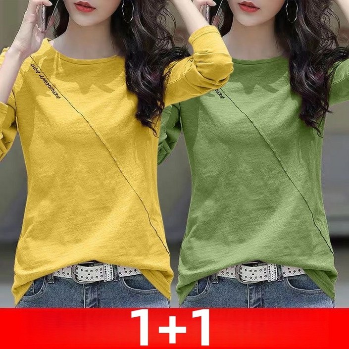 Gradle 11 슬라브 긴팔티셔츠 여성 봄가을 신상 루즈핏 빅사이즈 라운드넥 레깅스 상의