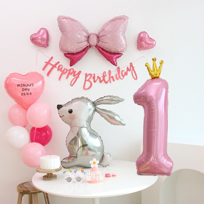 이벤트홀릭 토끼 풍선 생일파티용품세트 자유 레터링 두돌생일상