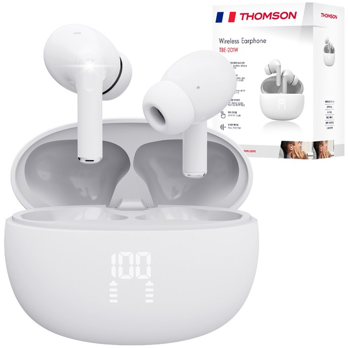 프랑스 톰슨 ENC 노이즈 캔슬링 LED 블루투스 6.0 이어폰 무선 방수, 화이트 TBE201W