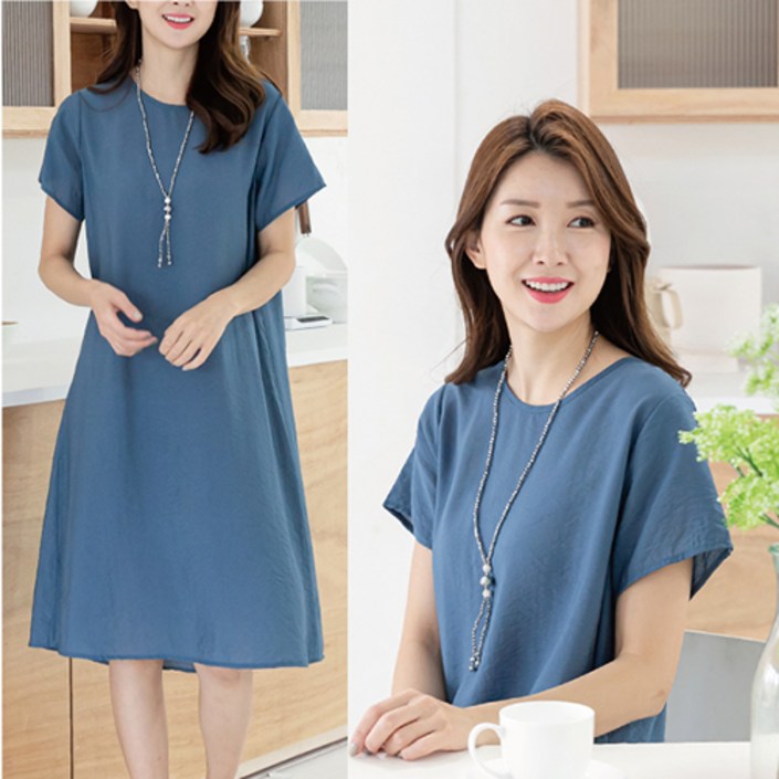 물론 여성용 인견 반팔소매 단색 원피스