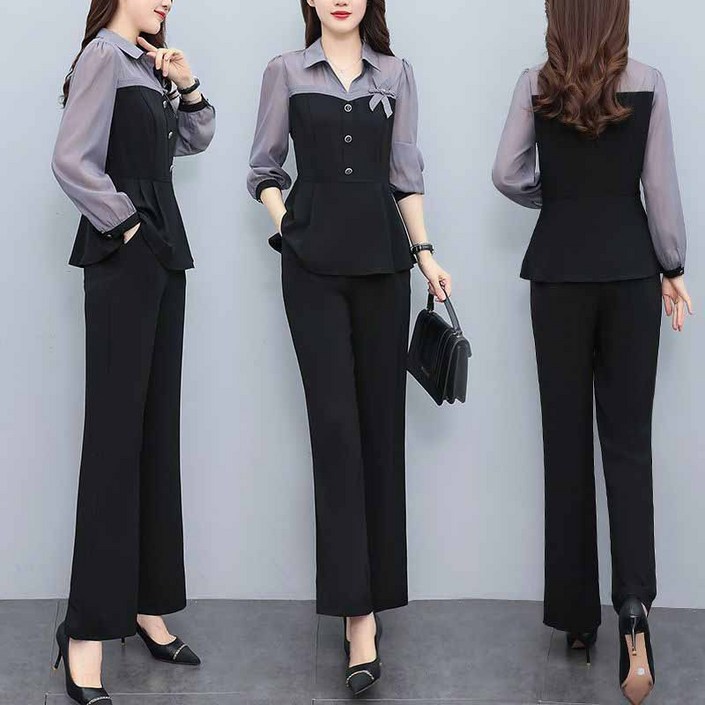 AOKADA 여성 카라 셔츠 블라우스 일자 팬츠 투피스 정장 세트 가을 슈트 오피스룩 하객룩 셋업