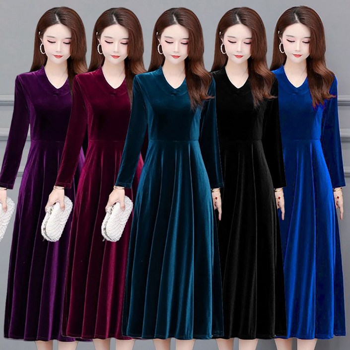 MOSAIRATION 여성 벨벳 단색 브이넥 긴팔 원피스 중년엄마 패션 롱 원피스 M0111826