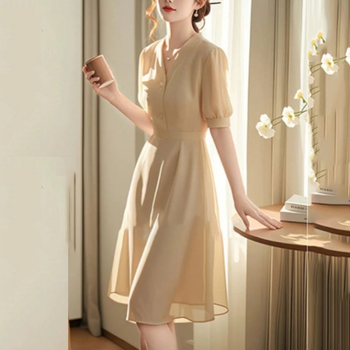 FANSYLI 하객룩 미디 브이넥 쉬폰 원피스 오피스 데일리룩 X2504A19