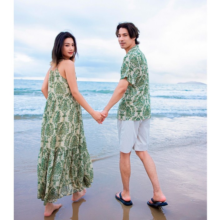 4477 동남아 토템 신혼여행 커플룩 여성 여름 바캉스 롱원피스 휴양지 허니문 하와이안 비치룩 시밀러룩 반팔셔츠 세트 휴가 여행용 베트남 해변옷
