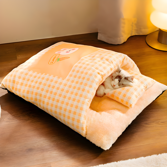 고양이 강아지 극세사 침낭세트 이불 베개 세트, 1개, 옐로우