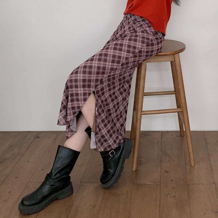 모던허니 스판 쭉쭉 쉬폰 체크 롱스커트 Y2K 빈티지스커트 스판스커트 유니크 밴딩치마