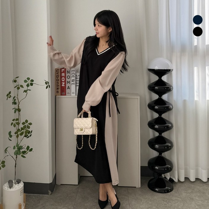 디테일웨어 여성 포카리 요꼬 배색 브이넥 롱원피스 임부복 간절기 긴팔원피스 하객룩 스트랩 단정한 오피스룩