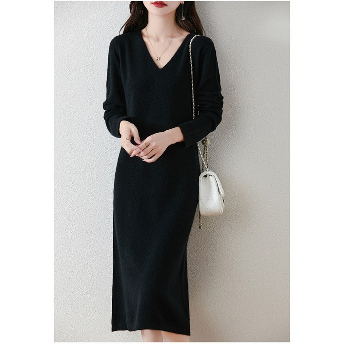 MINA STYLE 브이넥 원피스 니트 롱 옆트임 여성 긴팔 데일리룩