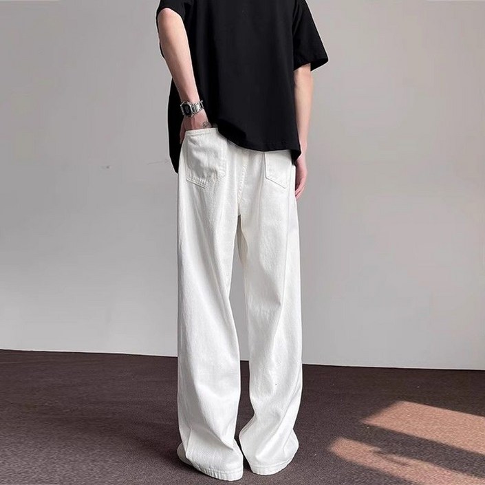 AOKADA 남성 와이드 데님 팬츠 오버핏 화이트진 여름 청바지