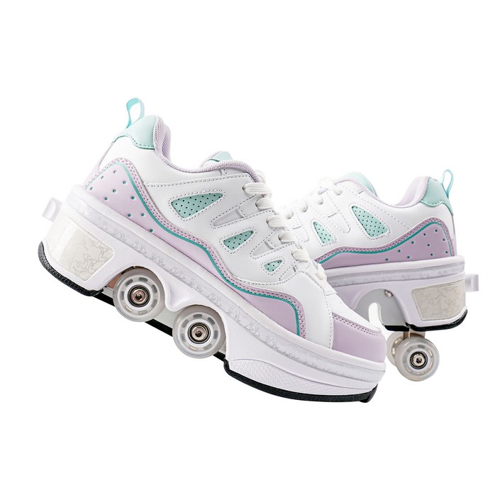 Pairduck남녀공용 접이식 롤러스케이트 인라인스케이트 LED 컬러 조명 포함 쿼드 스케이트, 1개, 흰색 보라색 로우탑 04