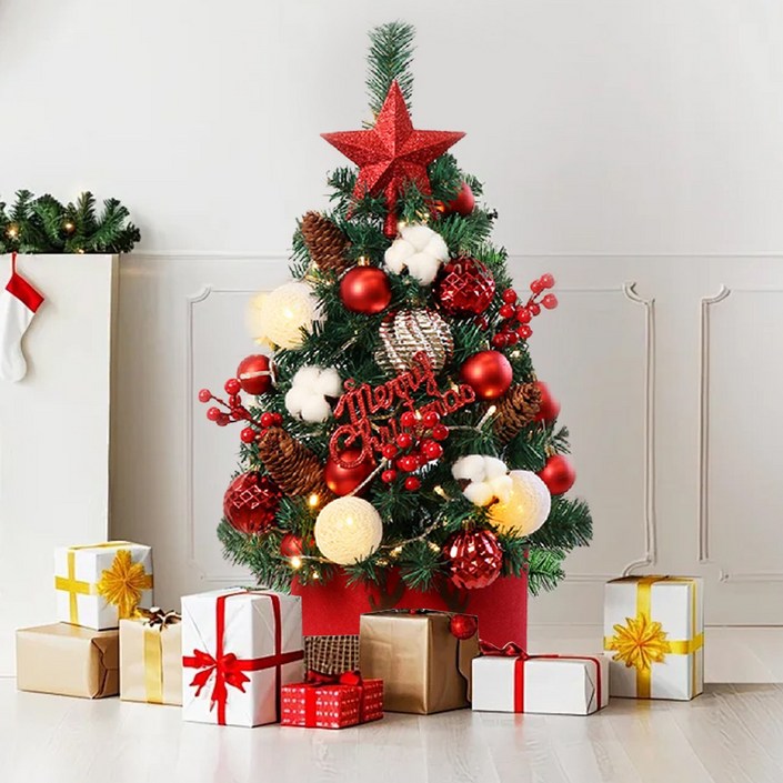화려하고 풍성한 미니 크리스마스트리, 원터치 조작, 받침대 포함, LED 조명, 다양한 정교한 장식품이 함께 제공되어 거실, 식당, 호텔 등 다양한 장소에 적합합니다,120cm, 레드 와인 세트