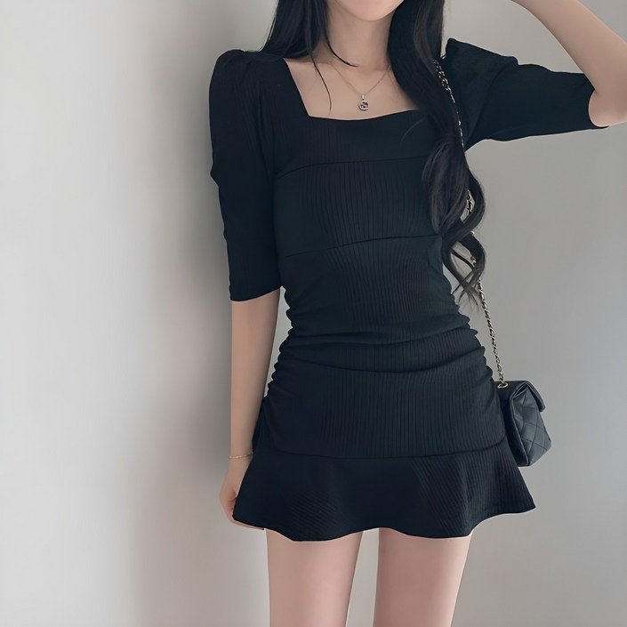 레티고 스퀘어넥 골지 슬림 미니 원피스