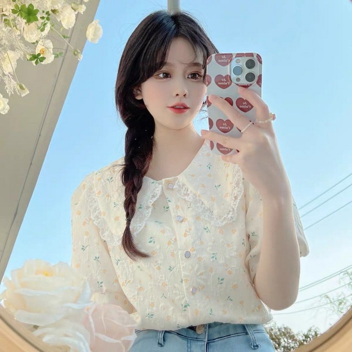 해피유통 여성 캐주얼룩 쉬폰 플라워 패턴 블라우스 레이스 카라 반팔 여성 상의M05 해피유통 여성 캐주얼룩 쉬폰 플라워 패턴 블라우스 레이스 카라 반팔 여성 상의M05