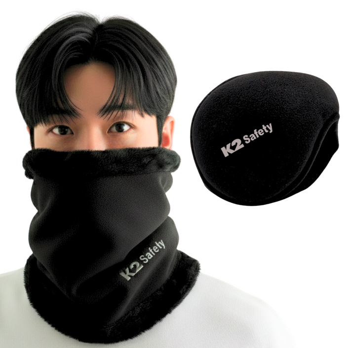 K2 버닝 넥워머 귀마개 방한용품, 1세트, 넥_블랙+귀마개_블랙