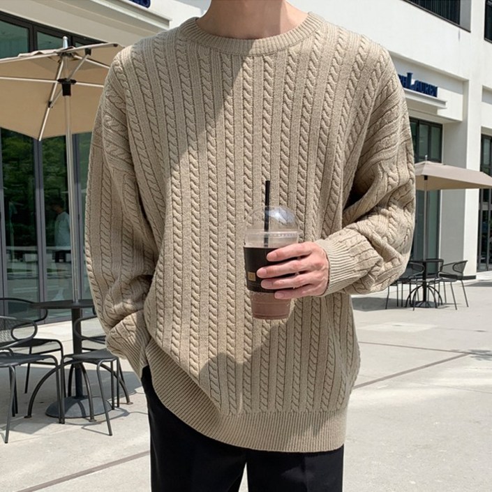 제타22 남녀공용 고급 워셔블 프리미엄 베이직 오버핏 꽈배기 케이블 라운드 니트 1860