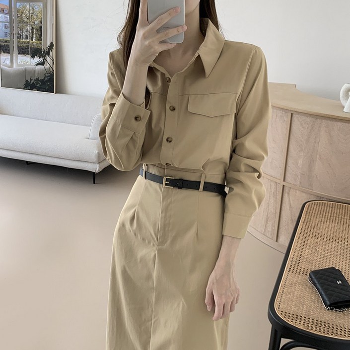 유라타임 런던 벨티드 롱 셔츠 원피스