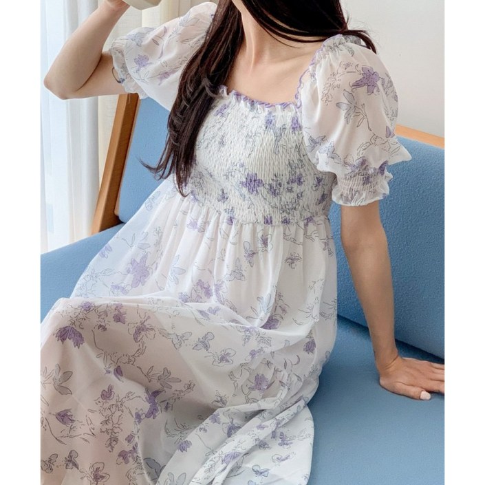 에이스로어 쉬폰 스퀘어넥 반팔 플라워 롱 휴양지 여름 원피스