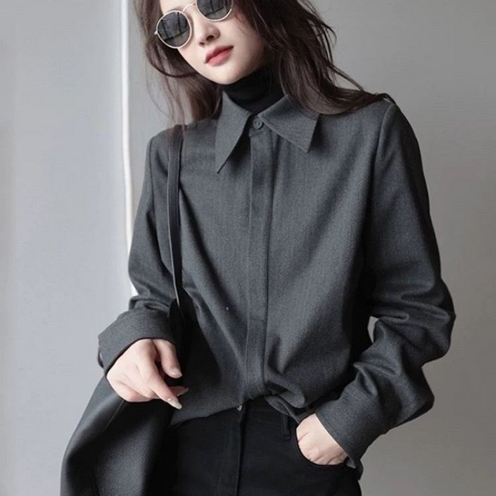 Choyur여성 가을겨울 두꺼운 회색 셔츠 클래식 넥칼라 긴팔 버튼 디자인wjj