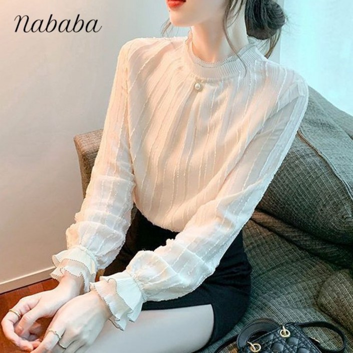 나바바 NB2519 여성 로맨틱 진주 포인트 프릴 긴팔 블라우스