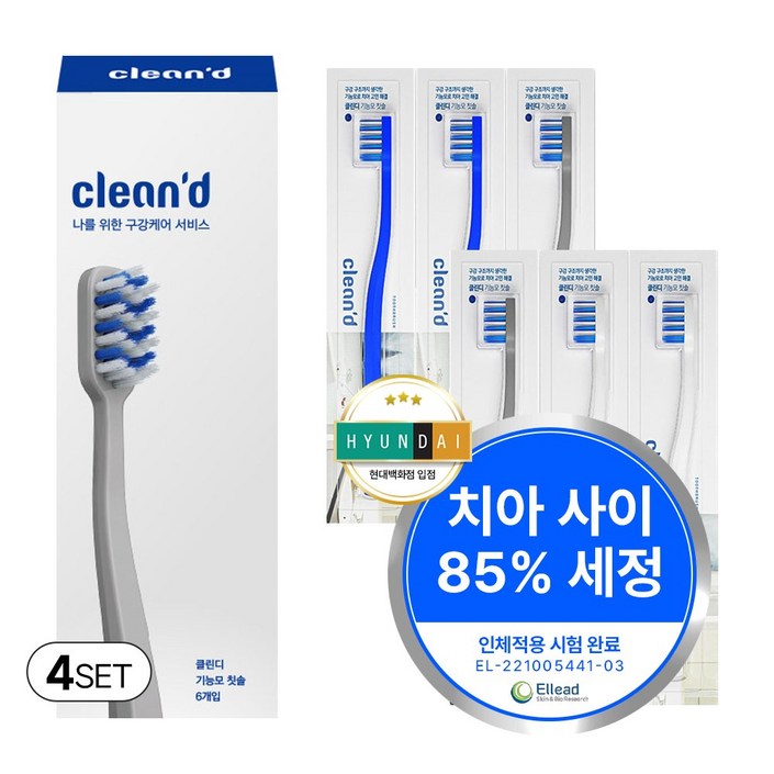 치과칫솔 클린디 치석 치태제거 복잡한 구강 구조 세정 양치 병풀추출 잇몸보호 효과 기능모 칫솔 브레스케어, 4세트, 6개입