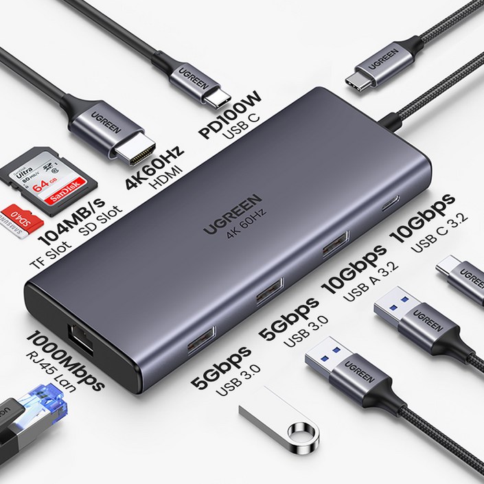 UGREEN 유그린 10Gbps USB C 허브 9 포트 어댑터 4K60Hz HDMI 노트북 멀티허브, Silver, 1개 UGREEN 유그린 10Gbps USB C 허브 9 포트 어댑터 4K60Hz HDMI 노트북 멀티허브, Silver, 1개