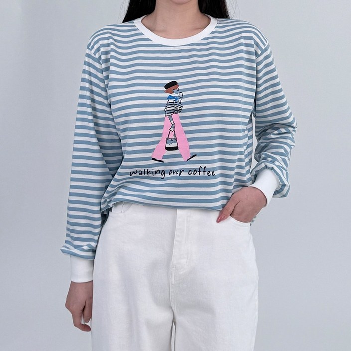 워크걸 스트라이프 배색 쭈리 루즈핏 캐쥬얼 맨투맨 티셔츠