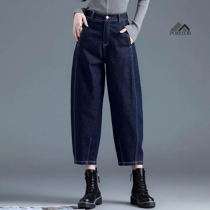 POMTOR 여성 편한 워싱 와이드 데님 팬츠 빅사이즈 배기 청바지