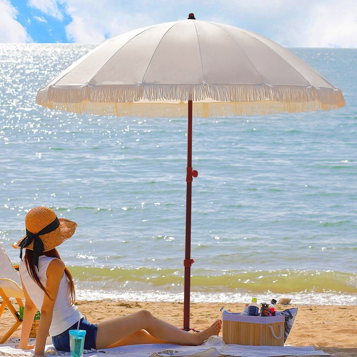 연필트리 감성 캠핑 비치 파라솔 2m  받침대  파우치 세트, 브라운