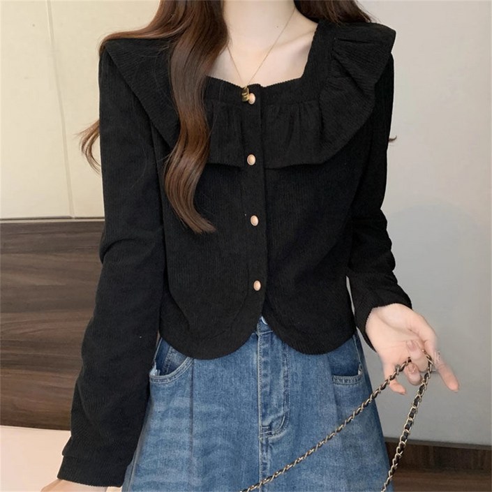 besteffie 여성용 스프링 스퀘어넥 디자인 블라우스 긴소매 버튼업 솔리드컬러 티셔츠 상의 K19