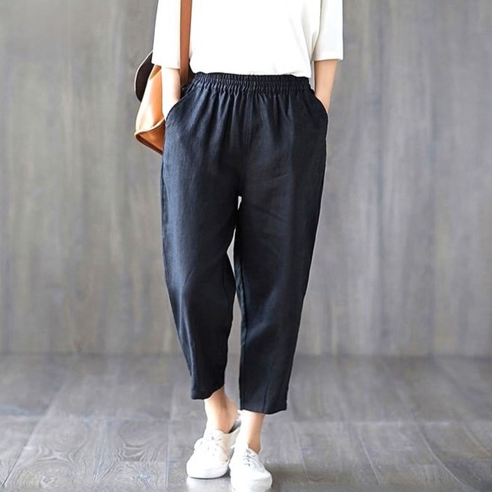 여성 와이드 배기핏 슬랙스 8부바지 밴딩팬츠