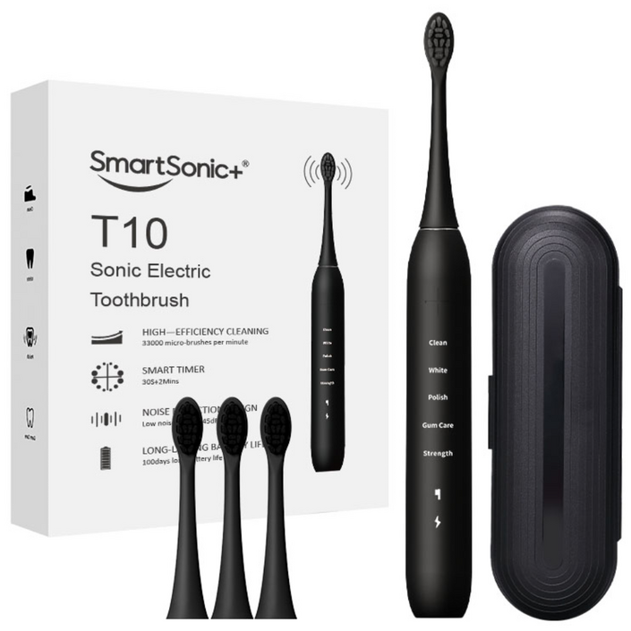 SmartSonic T10 음파 전동칫솔  칫솔모 4개  여행용 케이스 15가지 치아 청결 방안, 1개, 블랙, T10