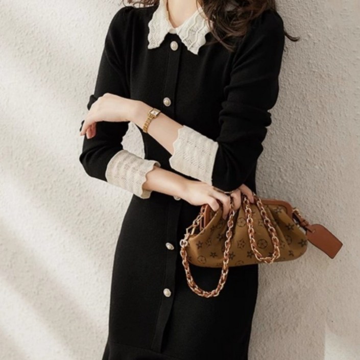 FINE ART 여성 고급 빈티지 원피스 캐주얼 니트 미디 원피스 봄 가을 간절기