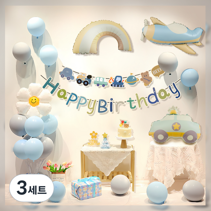 원그리드 생일 파티 풍선 세트, 3세트, 블루 스카이카