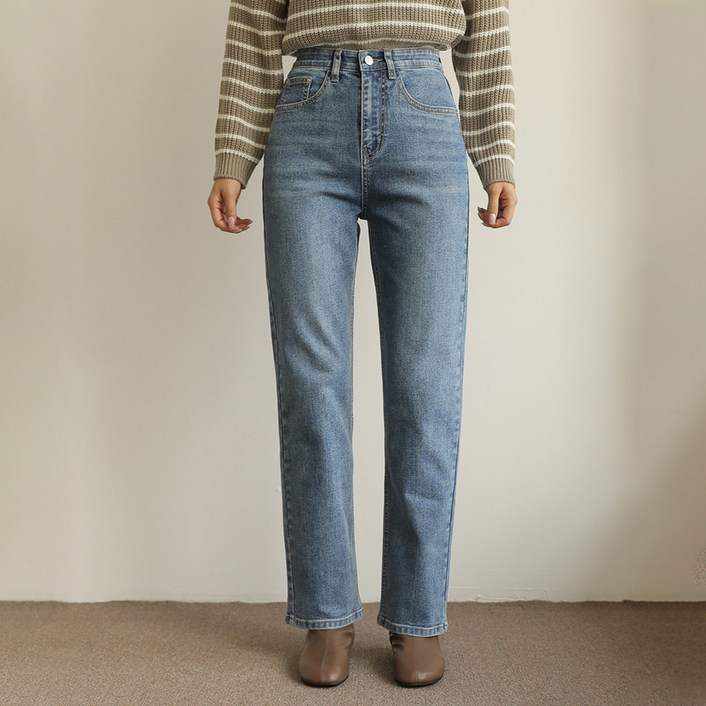 빼빼 여성용 허리시크릿밴딩 워싱 스판 일자 데님팬츠