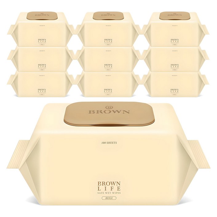 브라운라이프 베이지 엠보싱 대용량 물티슈 캡형, 50g, 100개입, 10개